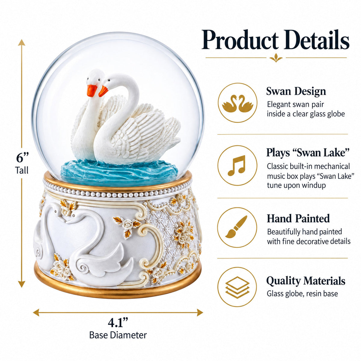 Romantic Swan Spinning Musical Water Snow Globe