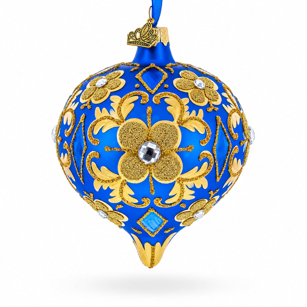 Jeweled Golden Leaves on Blue Onion-Shape Finial Glass Christmas Ornament