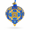 Jeweled Golden Leaves on Blue Onion-Shape Finial Glass Christmas Ornament