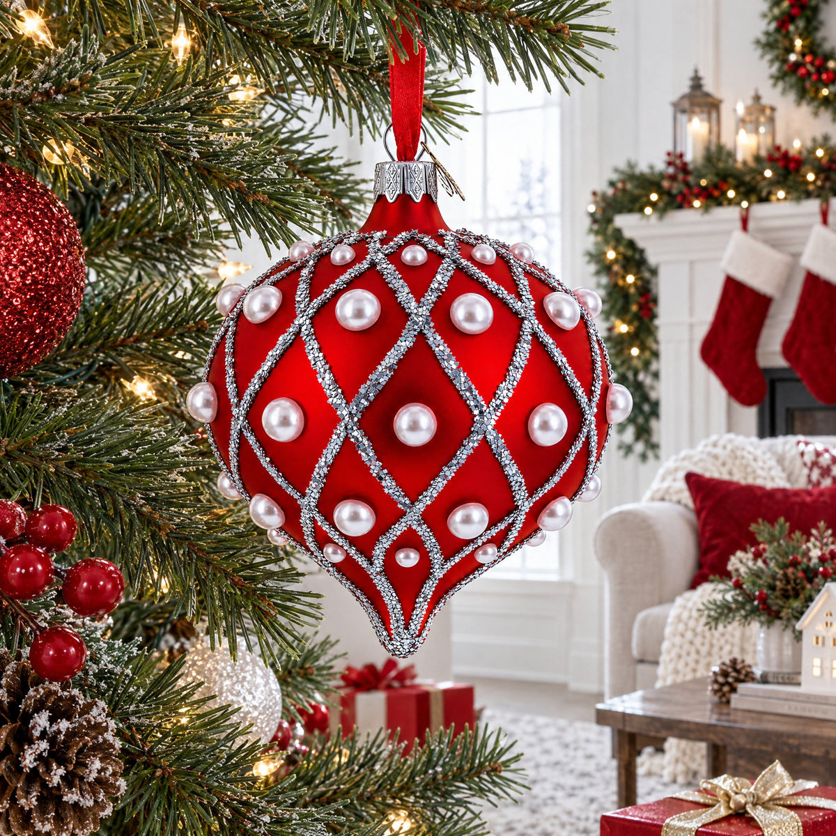 Pearl on Diamond Grid on Red Onion-Shape Finial Glass Christmas Ornament