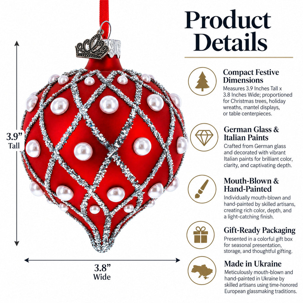 Pearl on Diamond Grid on Red Onion-Shape Finial Glass Christmas Ornament
