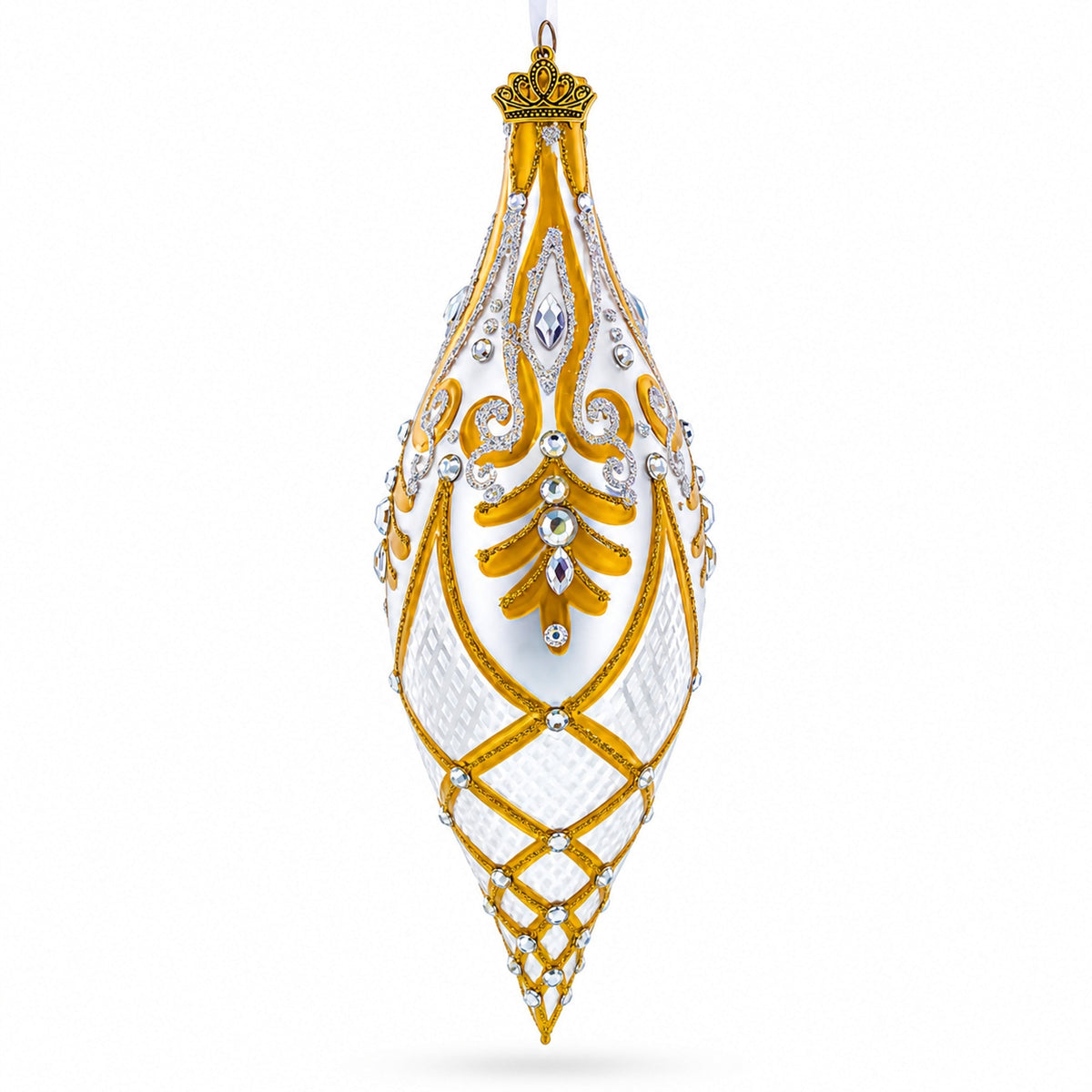 Gold & White Baroque-Style Gem-Encrusted Elongated Pointed Teardrop Finial Glass Christmas Ornament