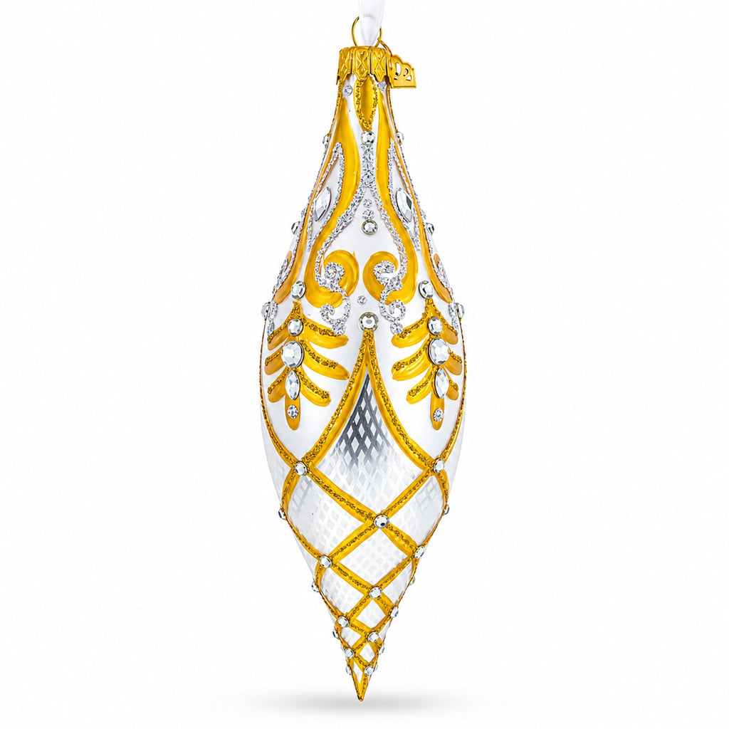 Gold & White Baroque-Style Gem-Encrusted Elongated Pointed Teardrop Finial Glass Christmas Ornament