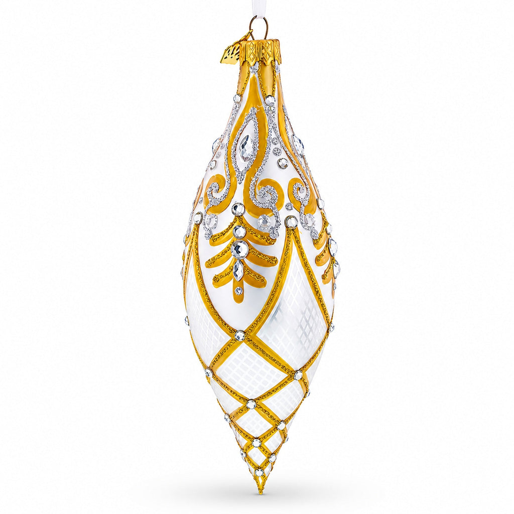 Gold & White Baroque-Style Gem-Encrusted Elongated Pointed Teardrop Finial Glass Christmas Ornament