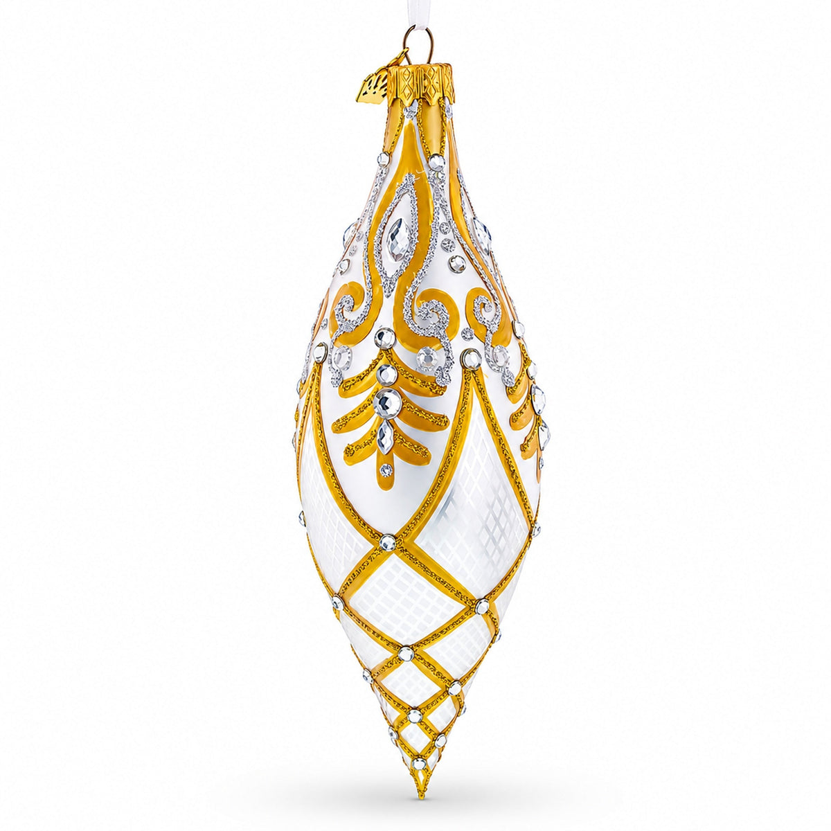 Gold & White Baroque-Style Gem-Encrusted Elongated Pointed Teardrop Finial Glass Christmas Ornament