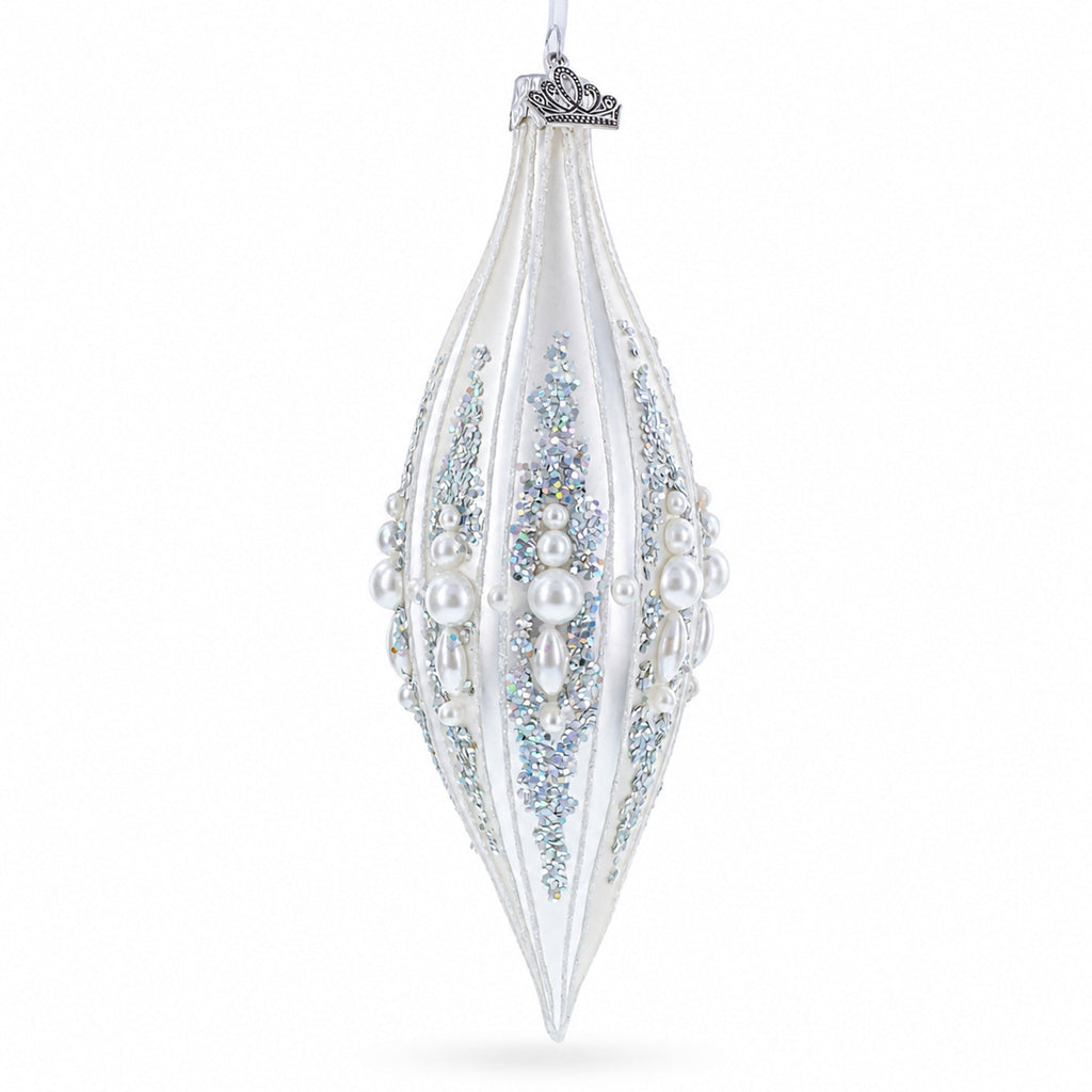 Pearl and Glitter Jeweled Elongated Pointed Teardrop Finial Glass Christmas Ornament