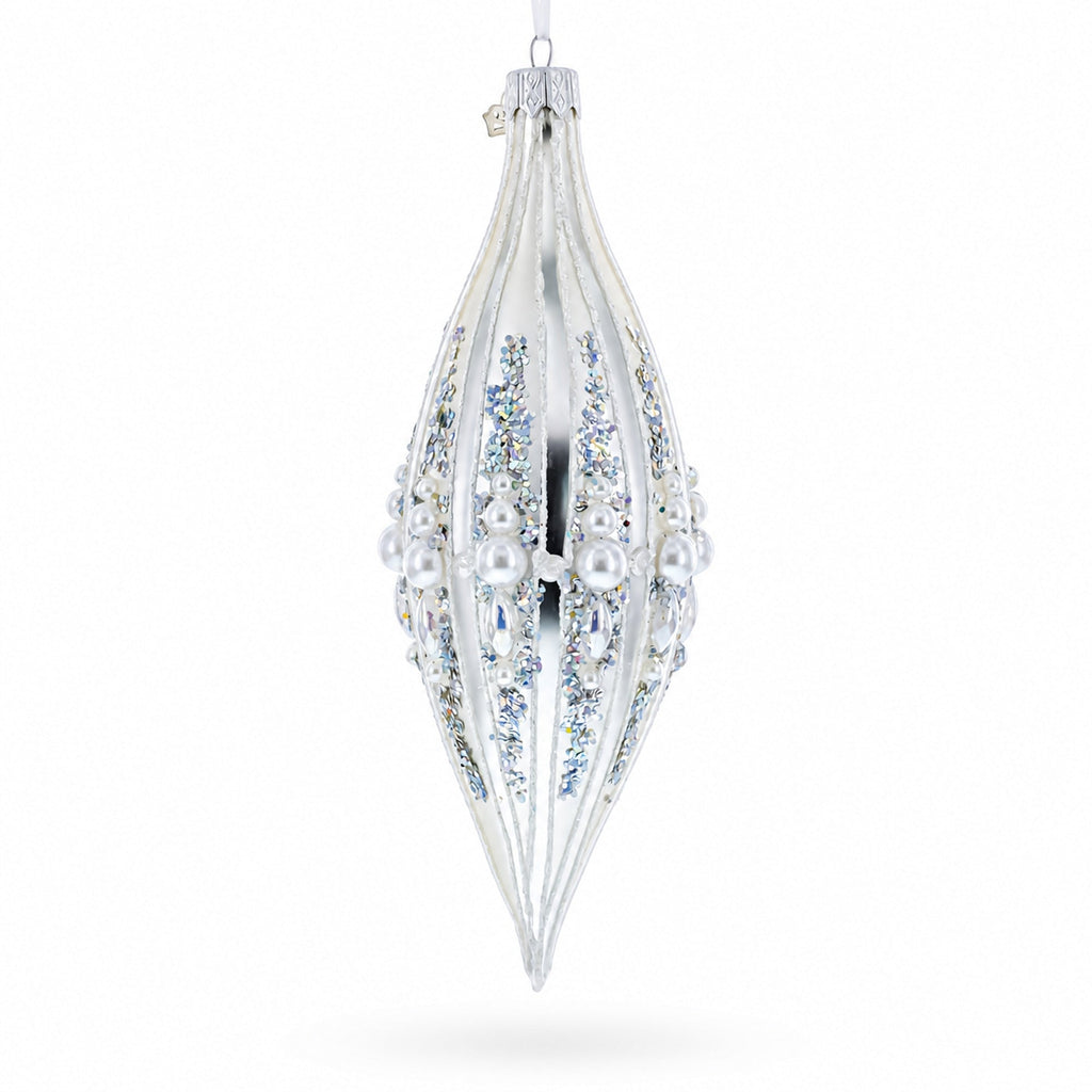 Pearl and Glitter Jeweled Elongated Pointed Teardrop Finial Glass Christmas Ornament
