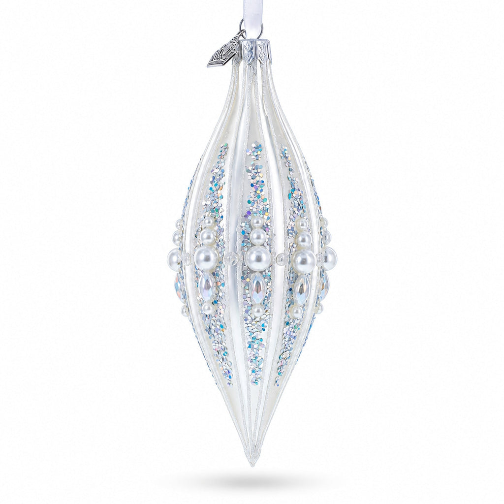 Pearl and Glitter Jeweled Elongated Pointed Teardrop Finial Glass Christmas Ornament