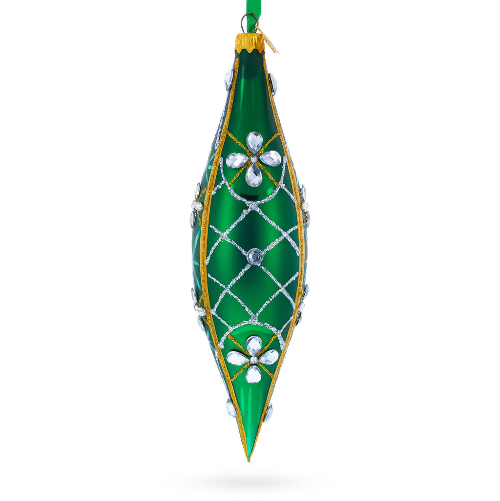 Emerald Jeweled Lattice Elongated Pointed Teardrop Finial Glass Christmas Ornament