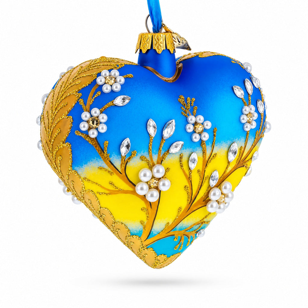 Golden Sunrise Bird Heart Glass Ornament