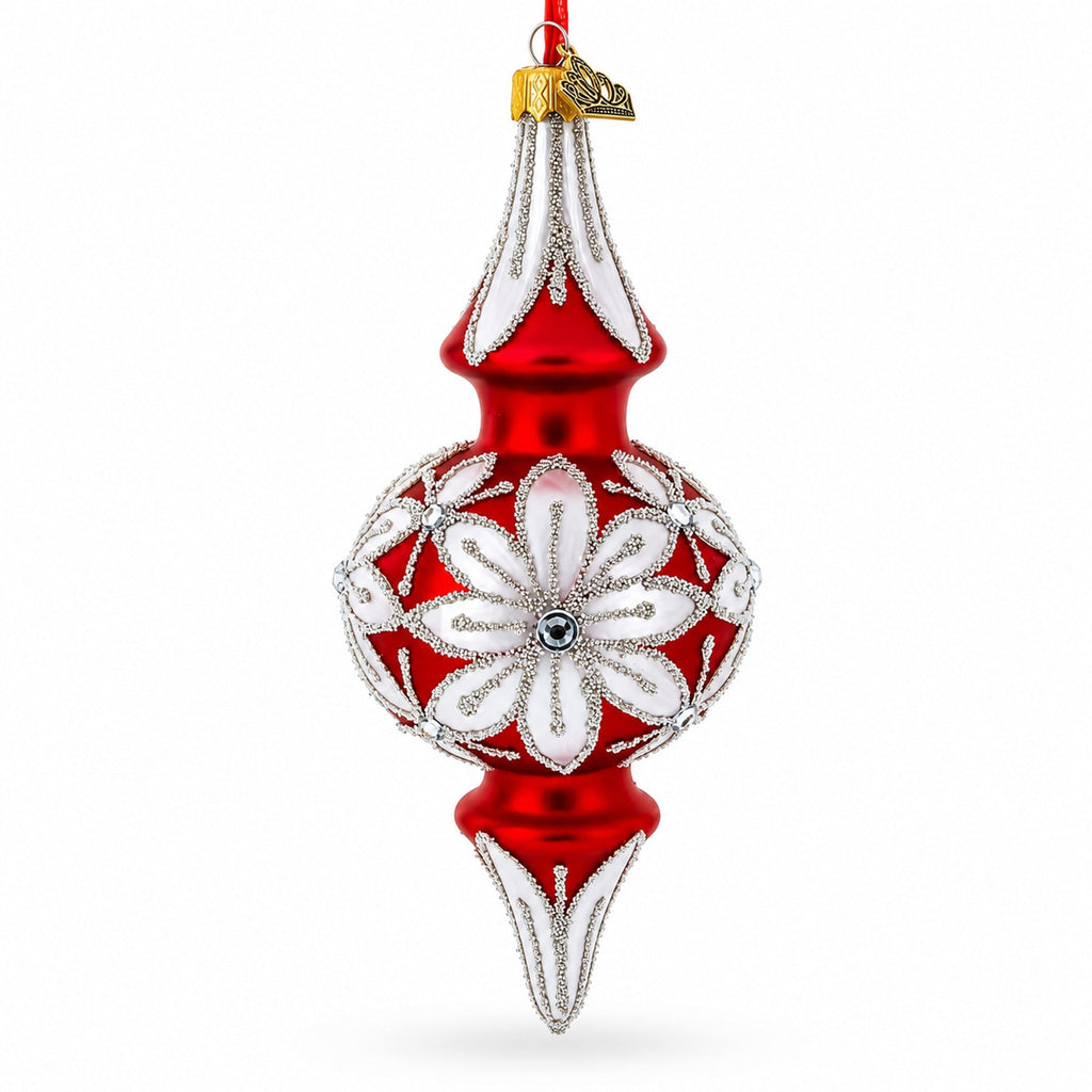 Silver Jeweled Poinsettia Bloom Double-Ended Finial Drop Glass Christmas Ornament