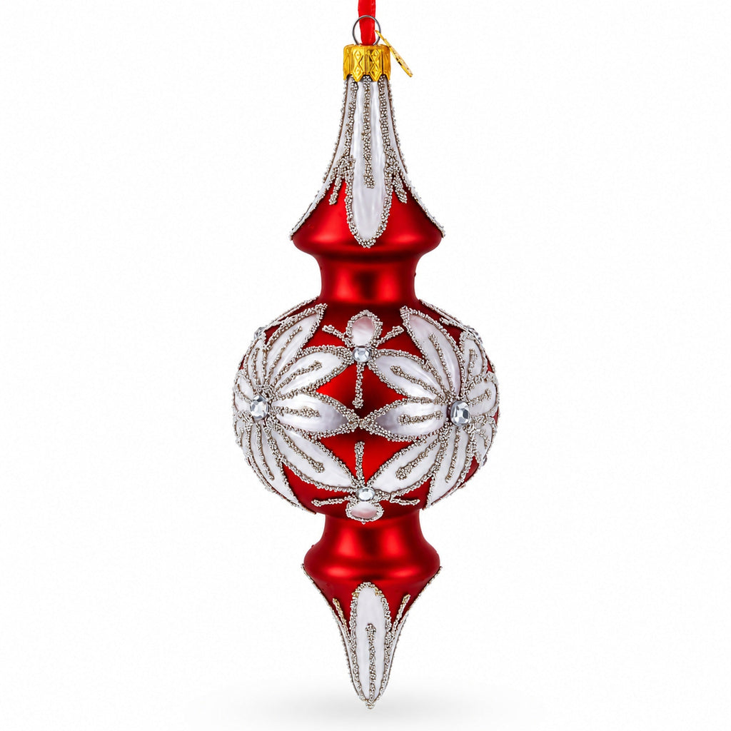 Silver Jeweled Poinsettia Bloom Double-Ended Finial Drop Glass Christmas Ornament
