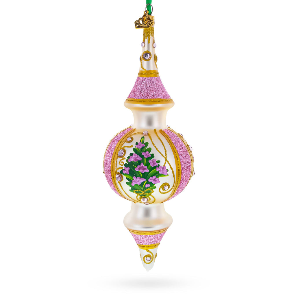 Pink Embossed  Blossom Double-Ended Finial Drop Glass Christmas Ornament