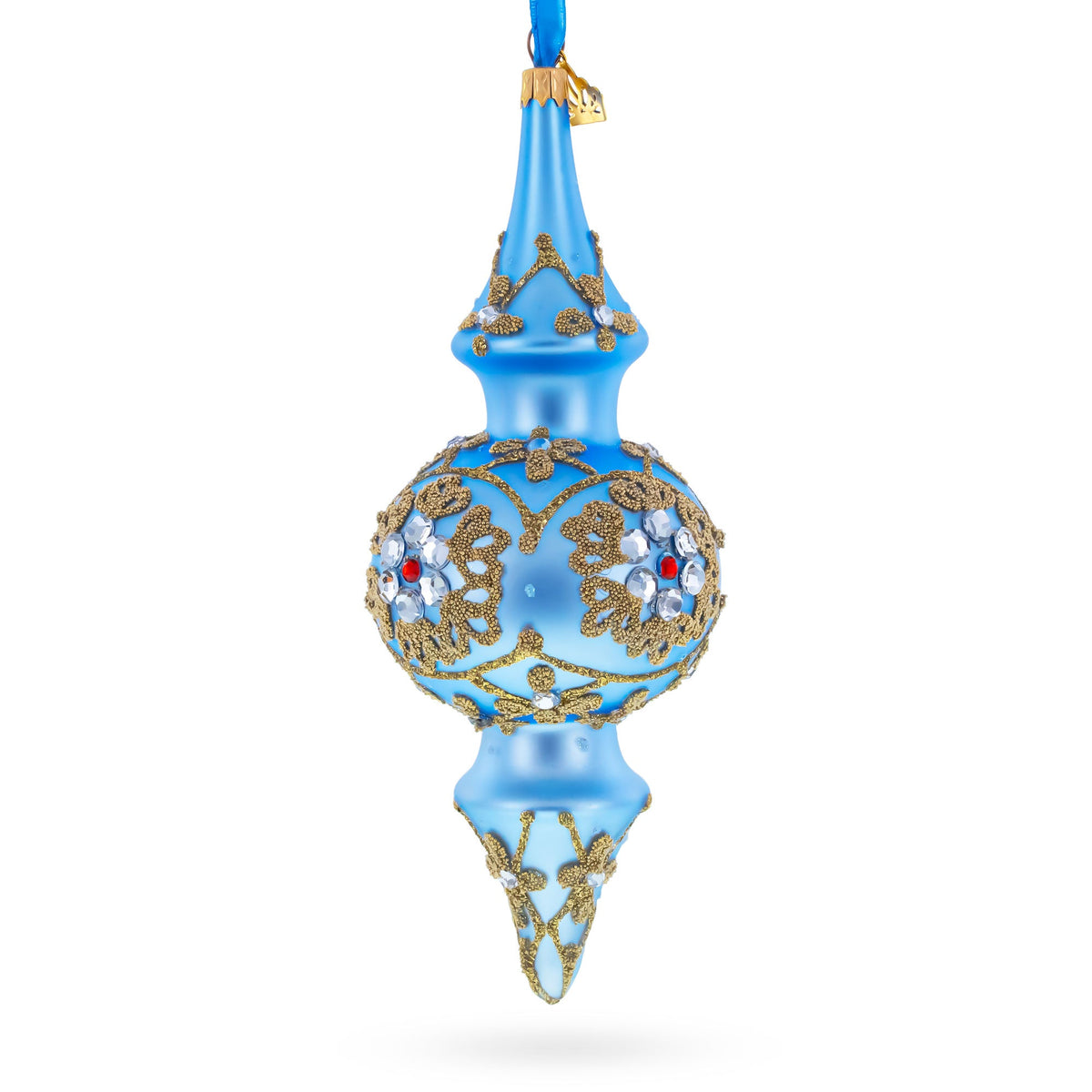 Royal Blue Jeweled Scroll Double-Ended Finial Drop Glass Christmas Ornament