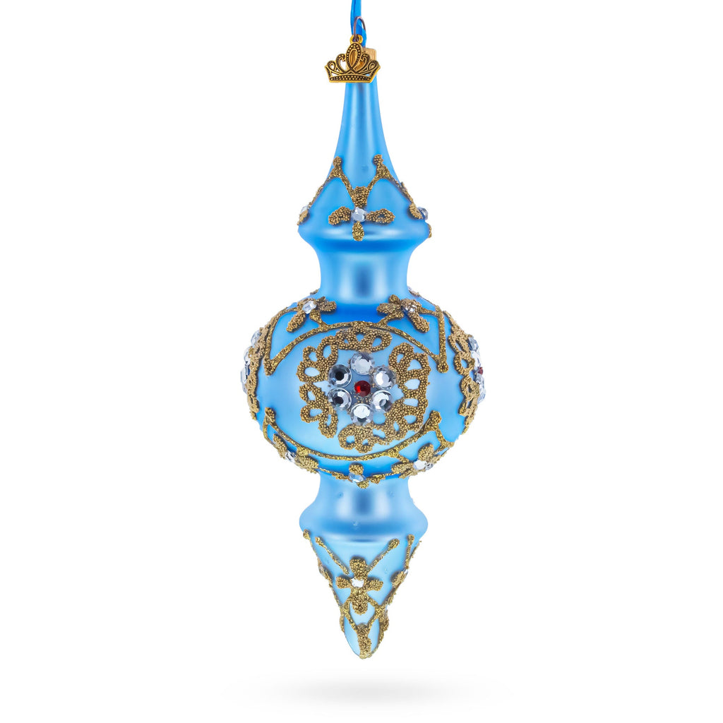 Royal Blue Jeweled Scroll Double-Ended Finial Drop Glass Christmas Ornament