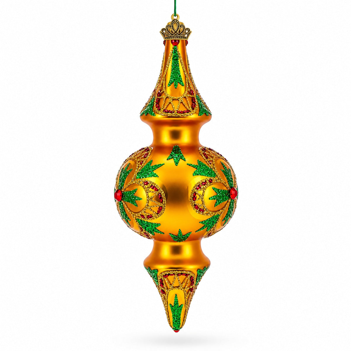 Golden Holly & Ivy Glitter Double-Ended Finial Drop Glass Christmas Ornament