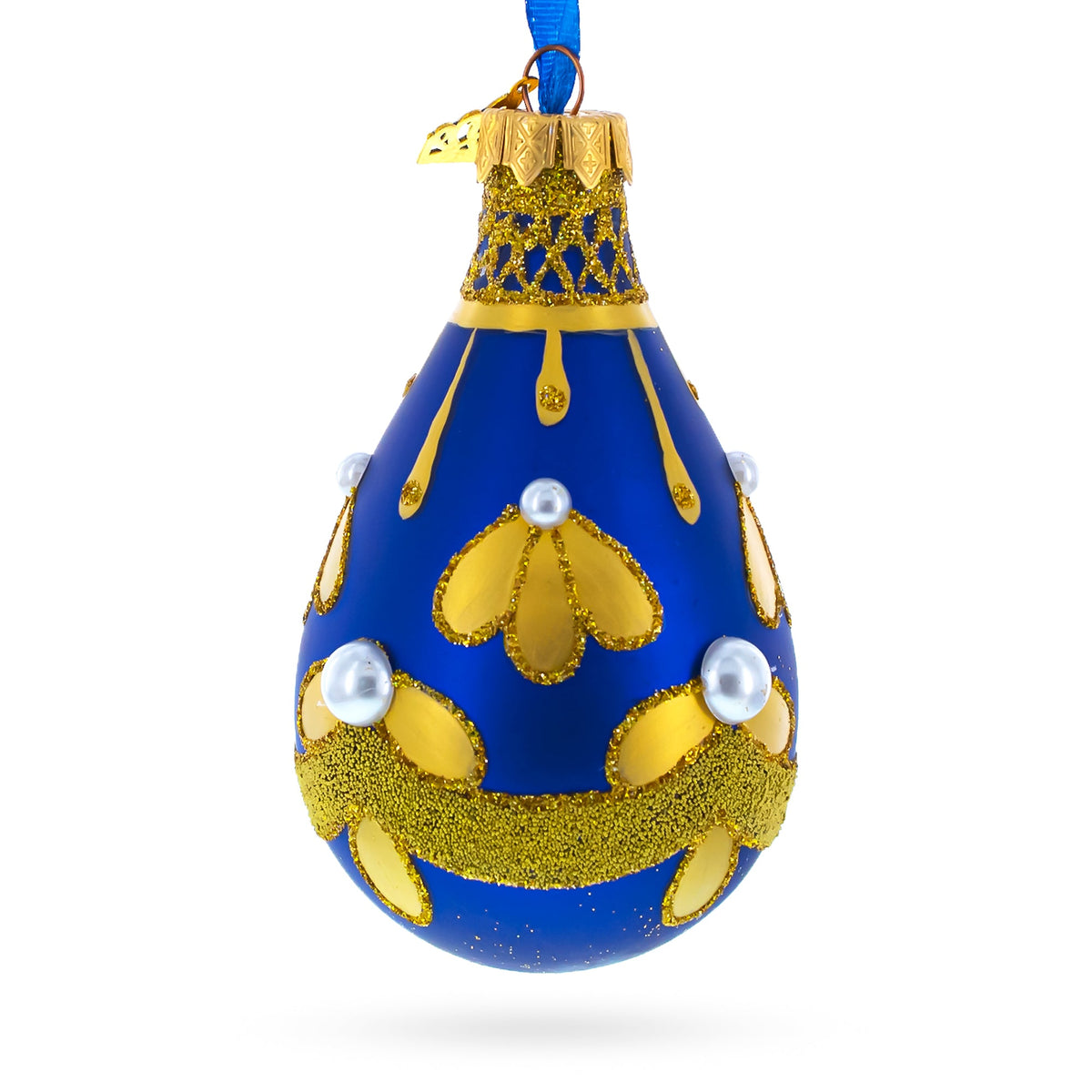 Gold Pattern on Blue Waterdrop Finial Glass Christmas Ornament