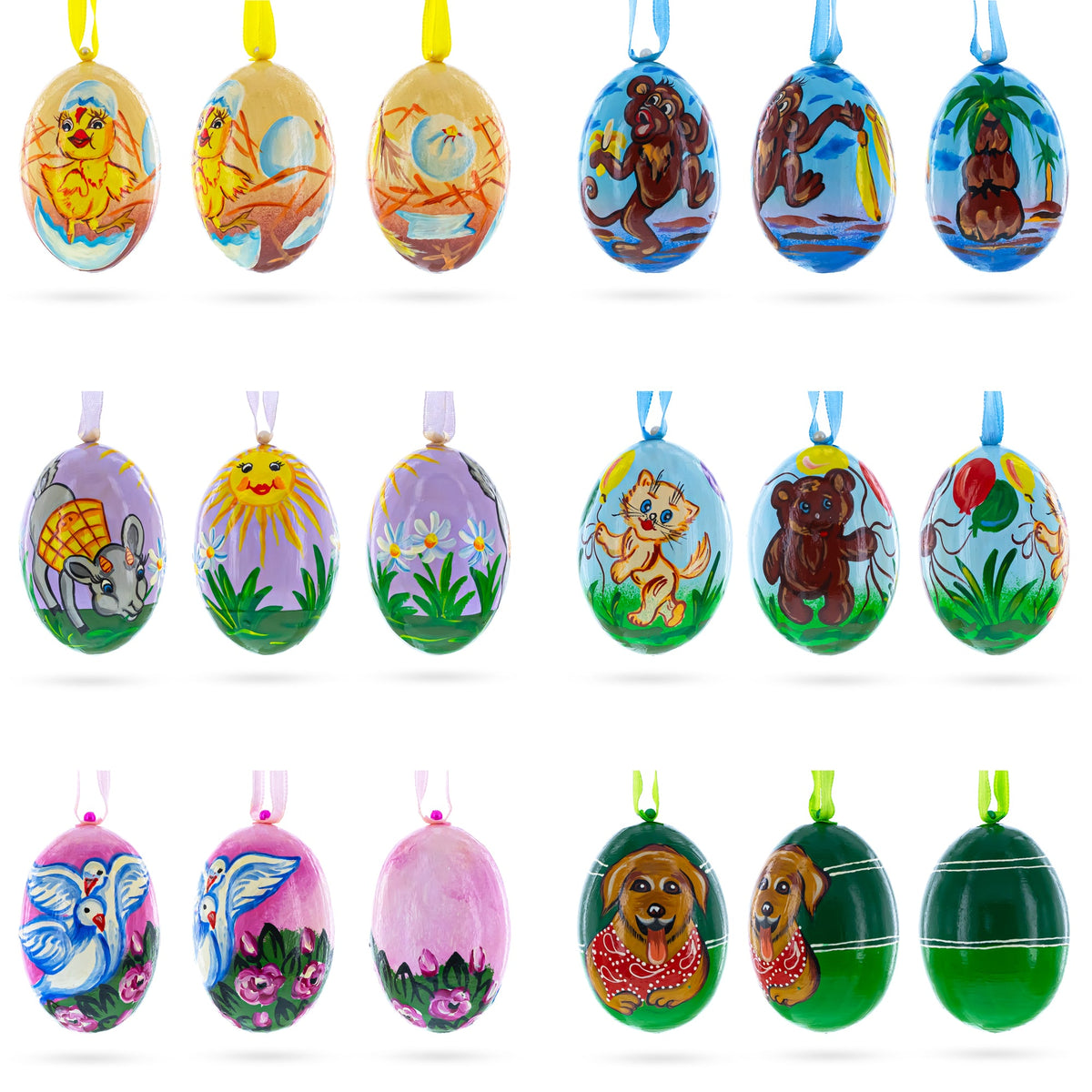 Set of 6 Animals Wooden Christmas Ornaments 3 Inches