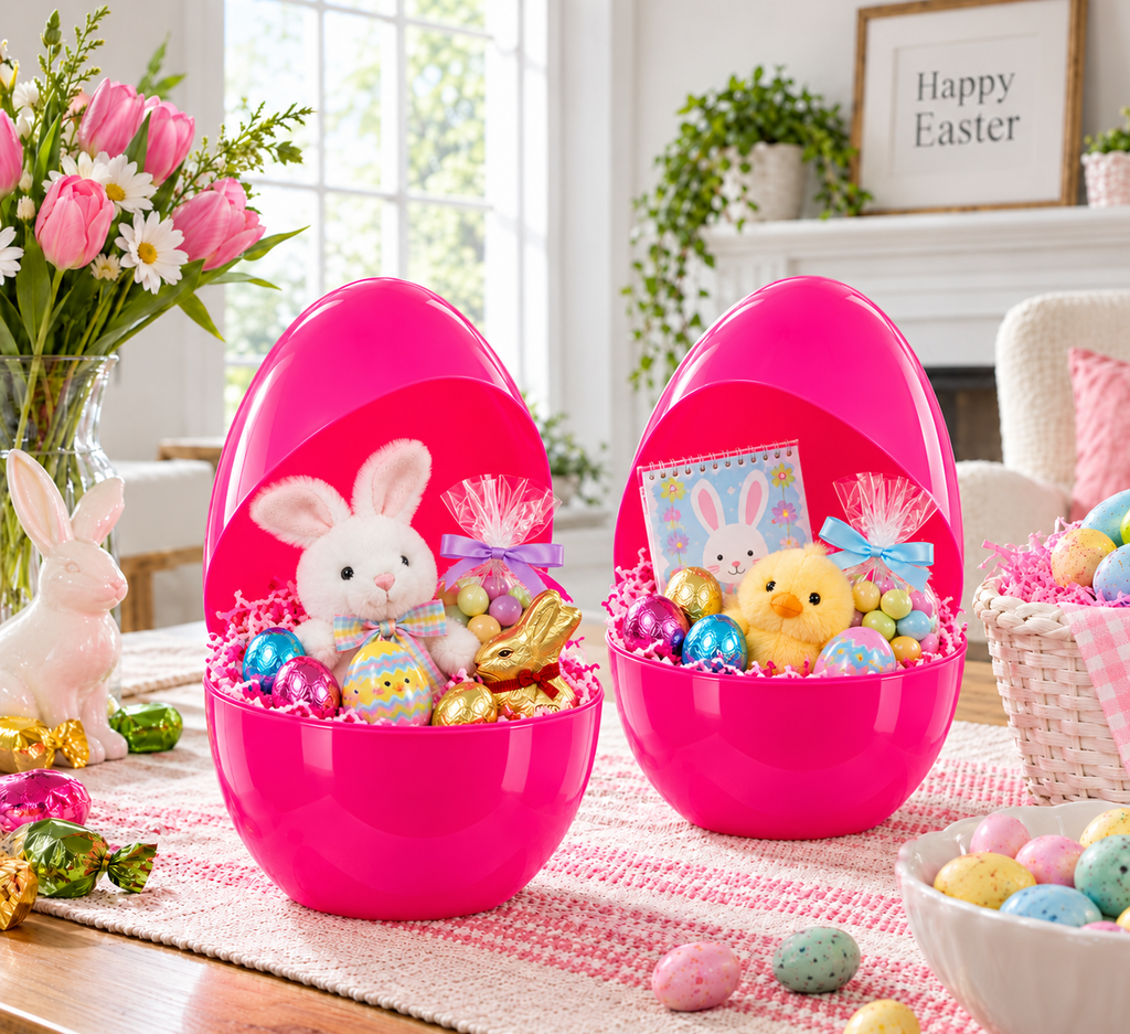 Set of 2 Pink Jumbo Plastic Easter Eggs Giant Fillable Large Size 10 Inches