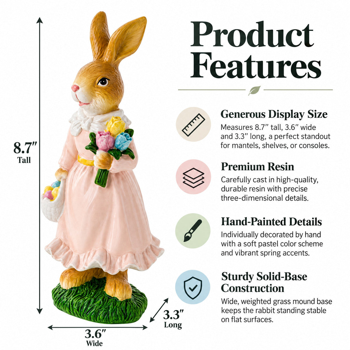 Easter Bunny Figurine with Flowers - Spring Rabbit Decor 8.7 Inches