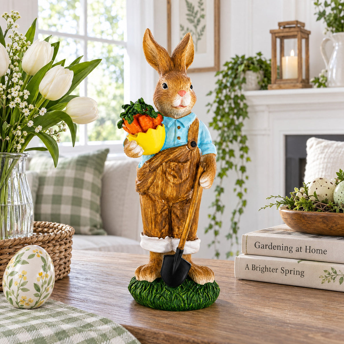 Farmer Bunny with Carrots Shovel Figurine - Spring Home Decor 8.9 Inches