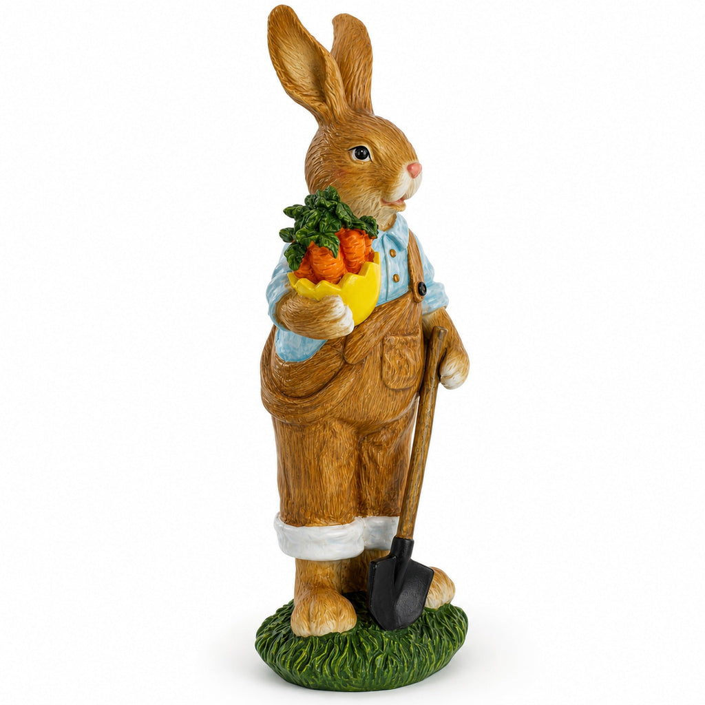Farmer Bunny with Carrots Shovel Figurine - Spring Home Decor 8.9 Inches