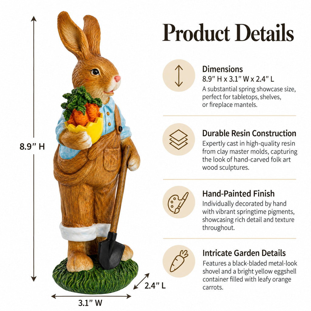 Farmer Bunny with Carrots Shovel Figurine - Spring Home Decor 8.9 Inches
