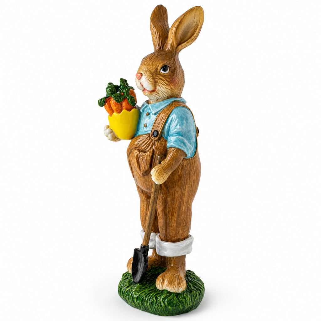 Farmer Bunny with Carrots Shovel Figurine - Spring Home Decor 8.9 Inches