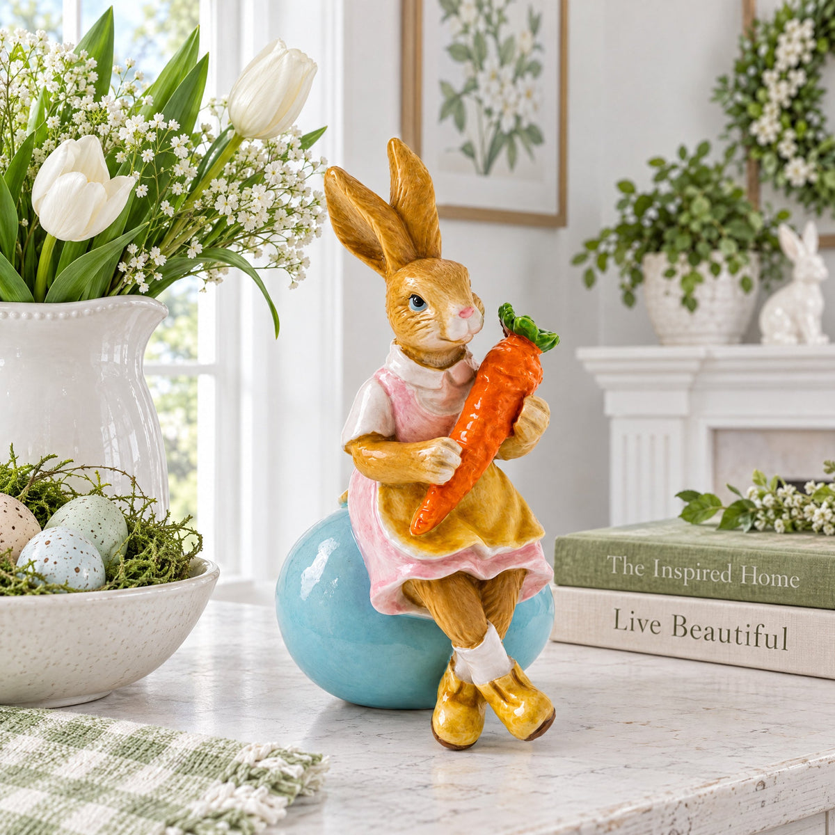 Decorative Easter Bunny on Egg with Carrot Vintage Holiday Figurine 5.2 Inches Tall
