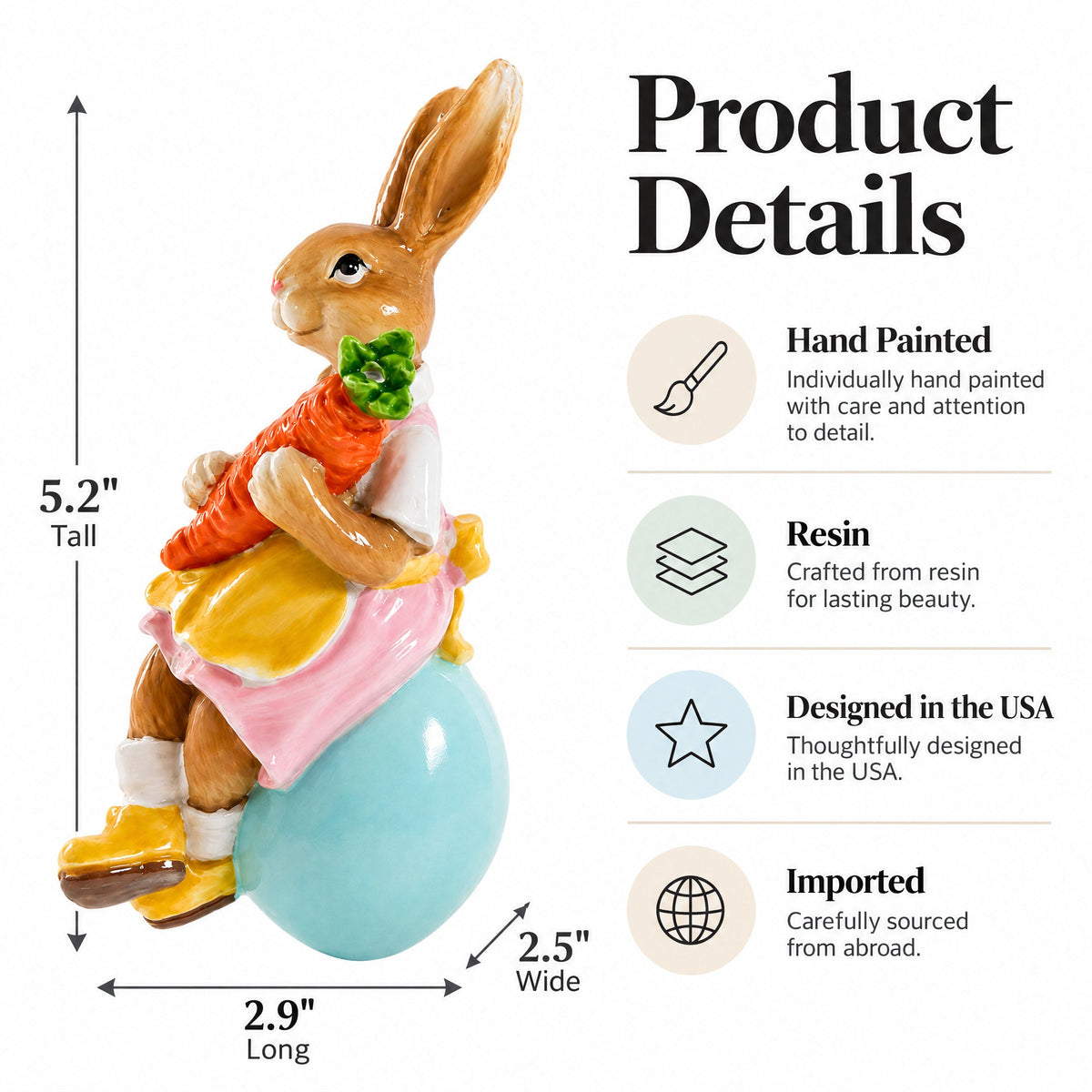 Decorative Easter Bunny on Egg with Carrot Vintage Holiday Figurine 5.2 Inches Tall