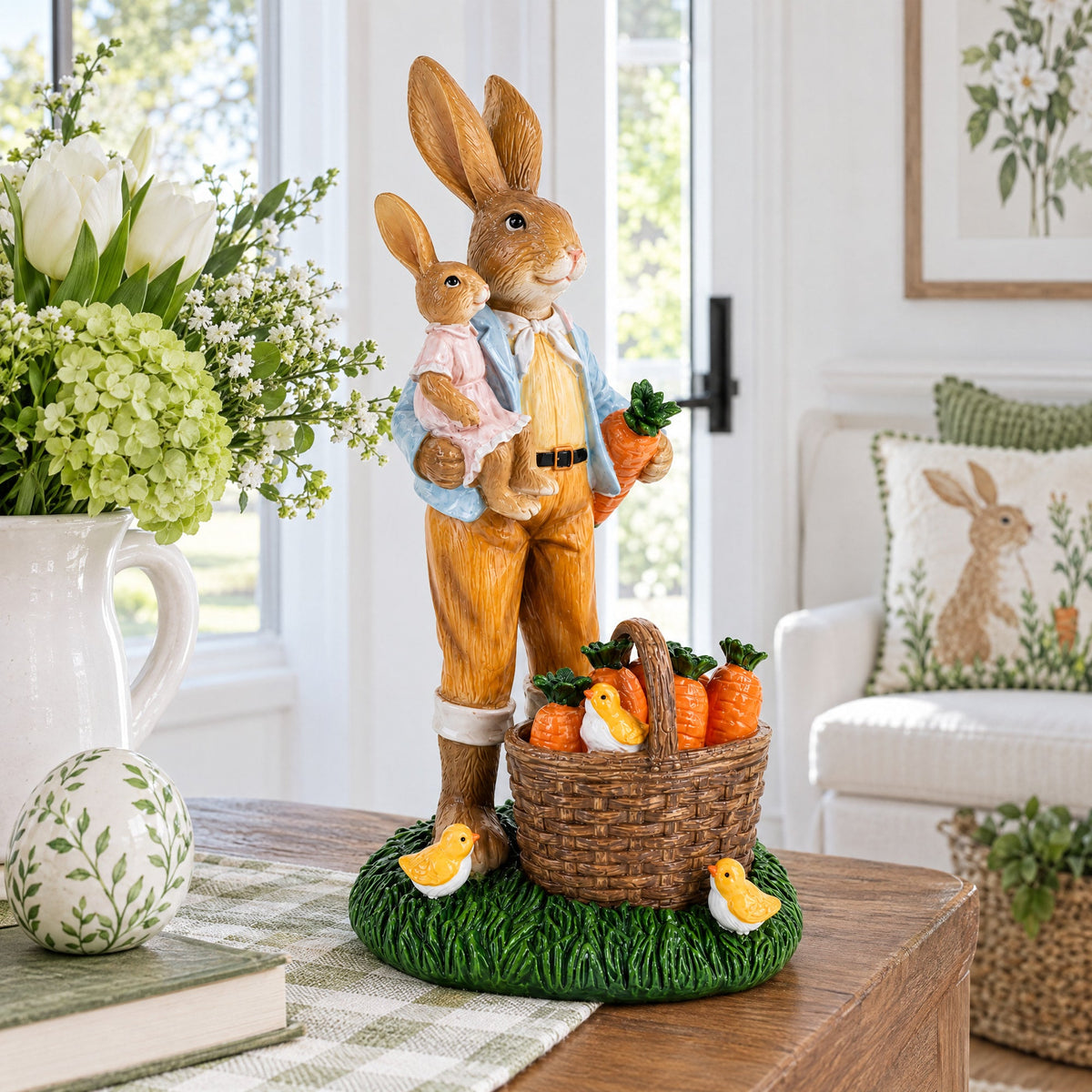 Father & Child Easter Bunny Figurine – Spring Rabbit Statue with Carrots and Chicks Spring Decor 11 Inches Tall