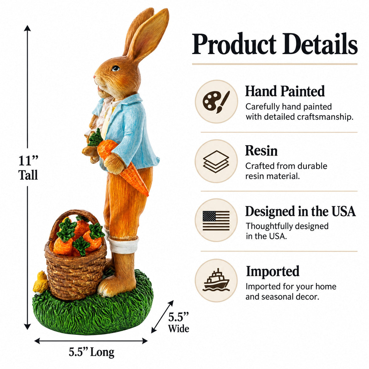 Father & Child Easter Bunny Figurine – Spring Rabbit Statue with Carrots and Chicks Spring Decor 11 Inches Tall