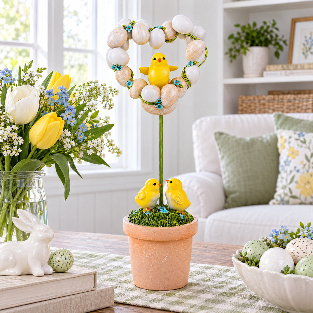 Easter Chick Heart Egg Topiary Figurine - Tabletop Spring Decor 12.5 Inches
