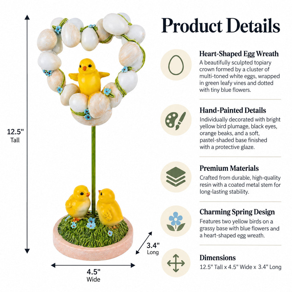 Easter Chick Heart Egg Topiary Figurine - Tabletop Spring Decor 12.5 Inches