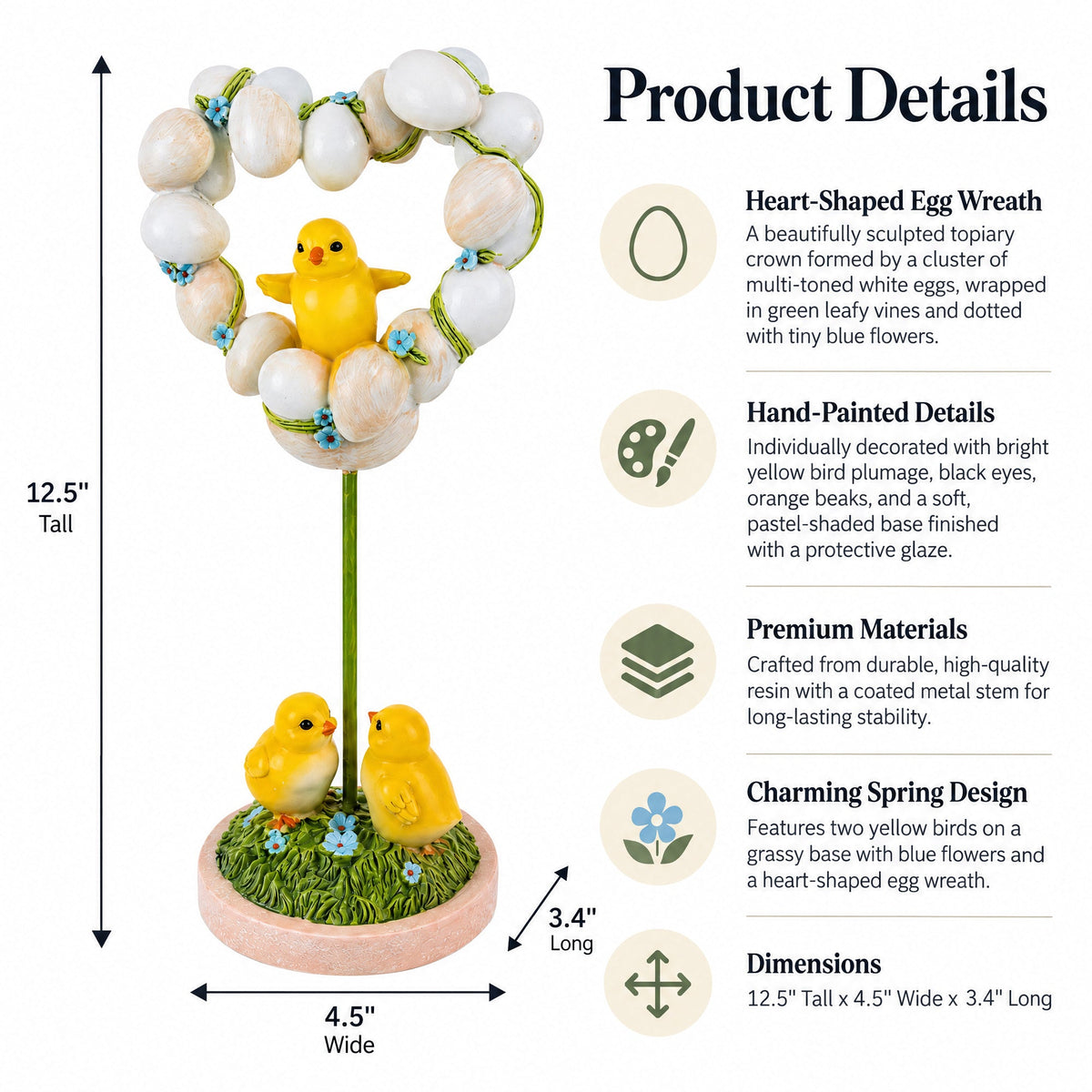 Easter Chick Heart Egg Topiary Figurine - Tabletop Spring Decor 12.5 Inches