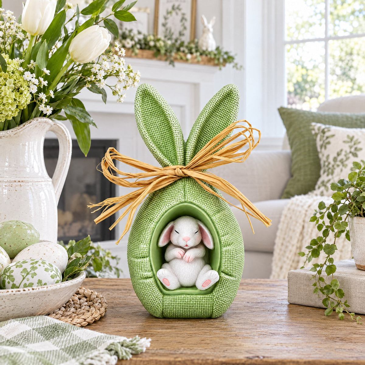 Rustic Bunny Nest Egg Decoration – Green Burlap Style Easter Ornament with Raffia Bow 6.2 Inches Tall