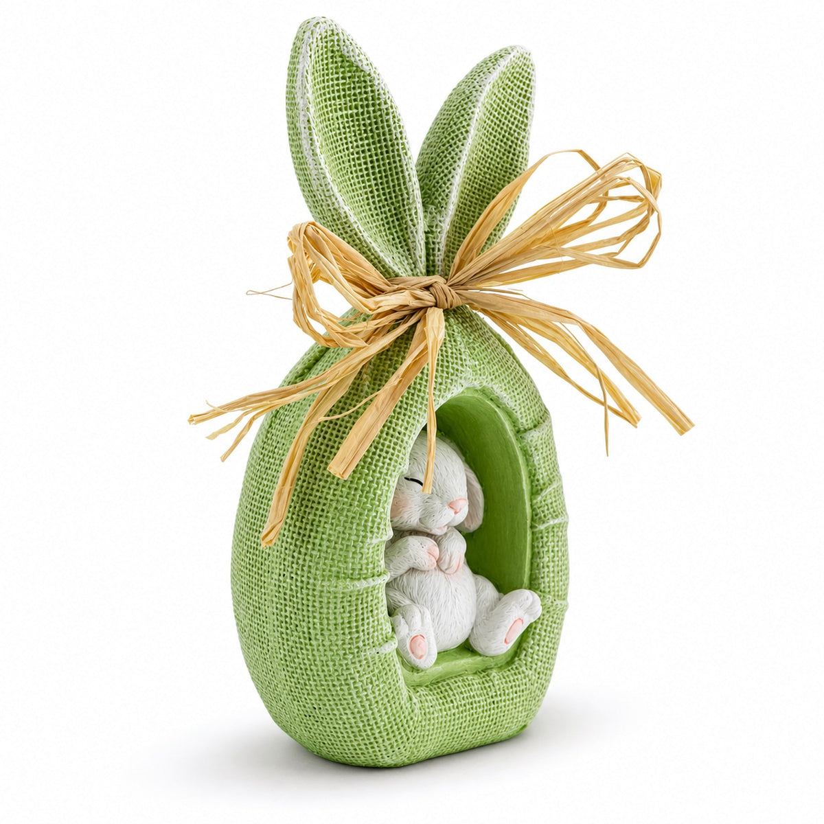 Rustic Bunny Nest Egg Decoration – Green Burlap Style Easter Ornament with Raffia Bow 6.2 Inches Tall