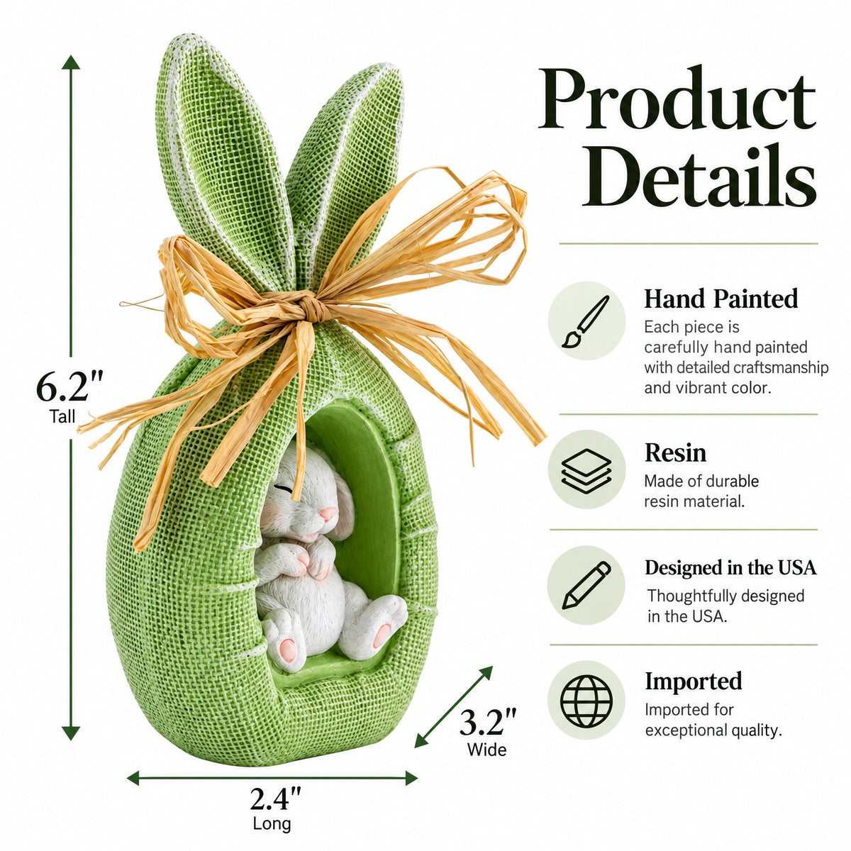 Rustic Bunny Nest Egg Decoration – Green Burlap Style Easter Ornament with Raffia Bow 6.2 Inches Tall