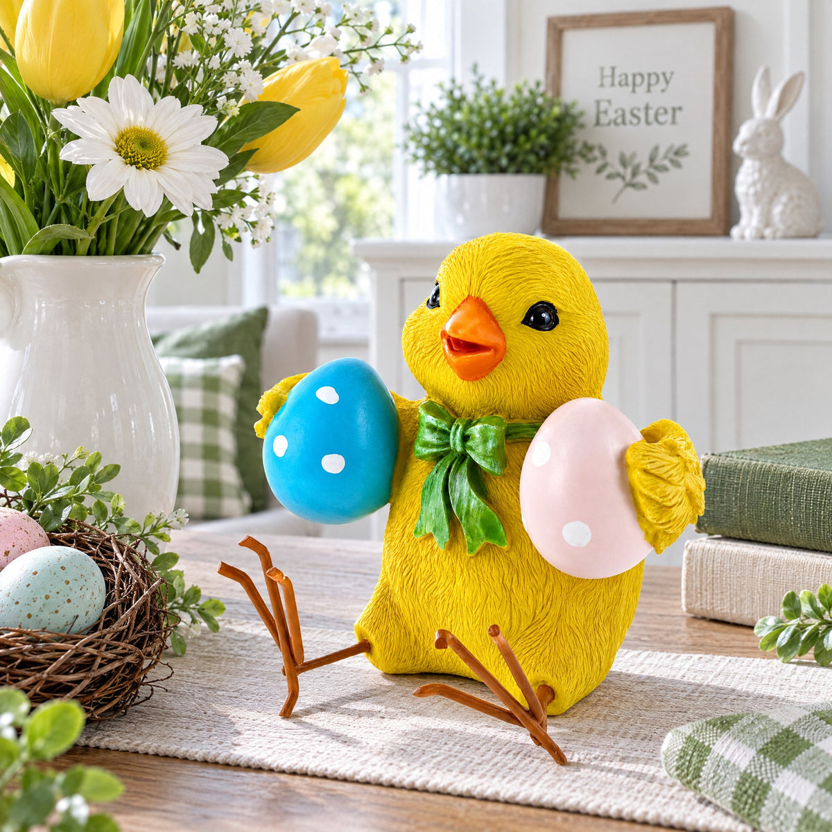 Cheerful Chick Holding Colorful Easter Polka Dot Eggs Figurine 3.2 Inches Tall