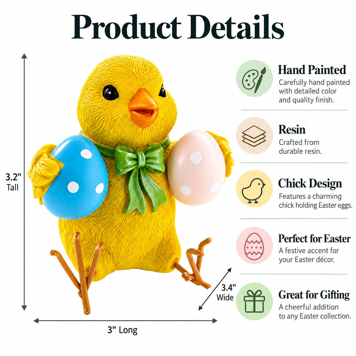 Cheerful Chick Holding Colorful Easter Polka Dot Eggs Figurine 3.2 Inches Tall