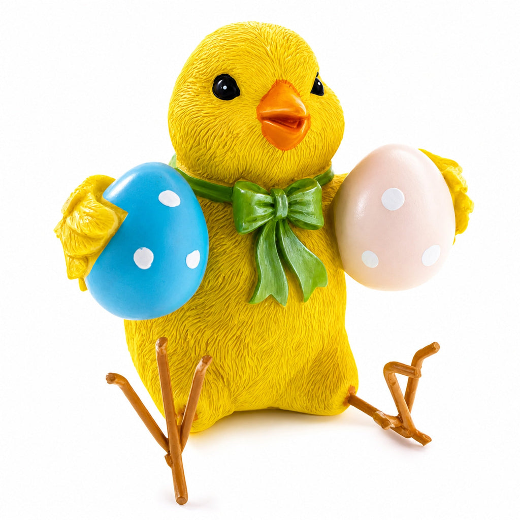 Cheerful Chick Holding Colorful Easter Polka Dot Eggs Figurine 3.2 Inches Tall