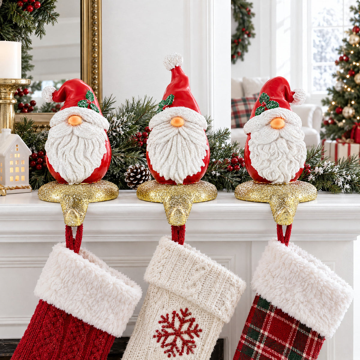 Set of 3 Santa Gnome Stocking Holders - Festive Christmas Mantel Hooks