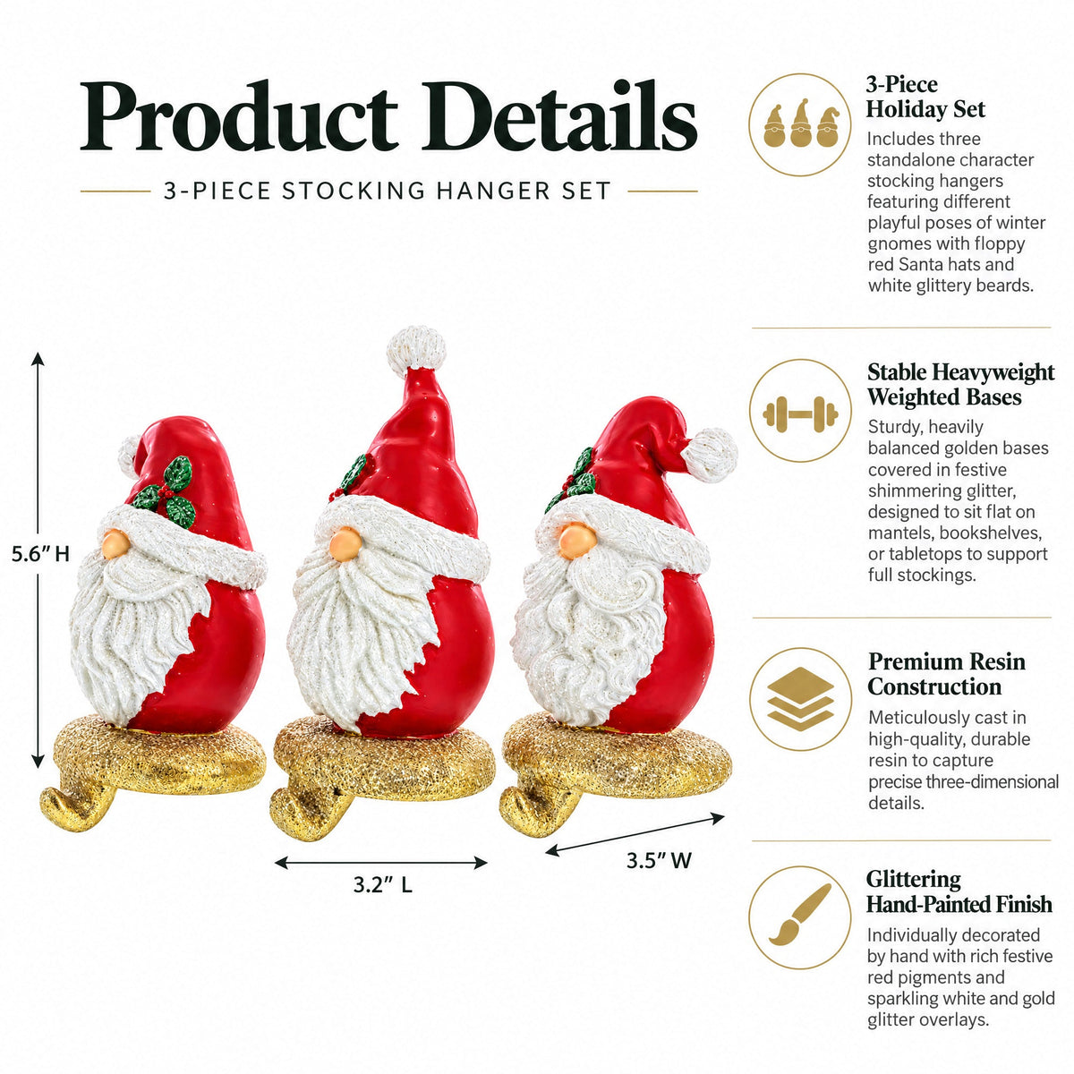 Set of 3 Santa Gnome Stocking Holders - Festive Christmas Mantel Hooks